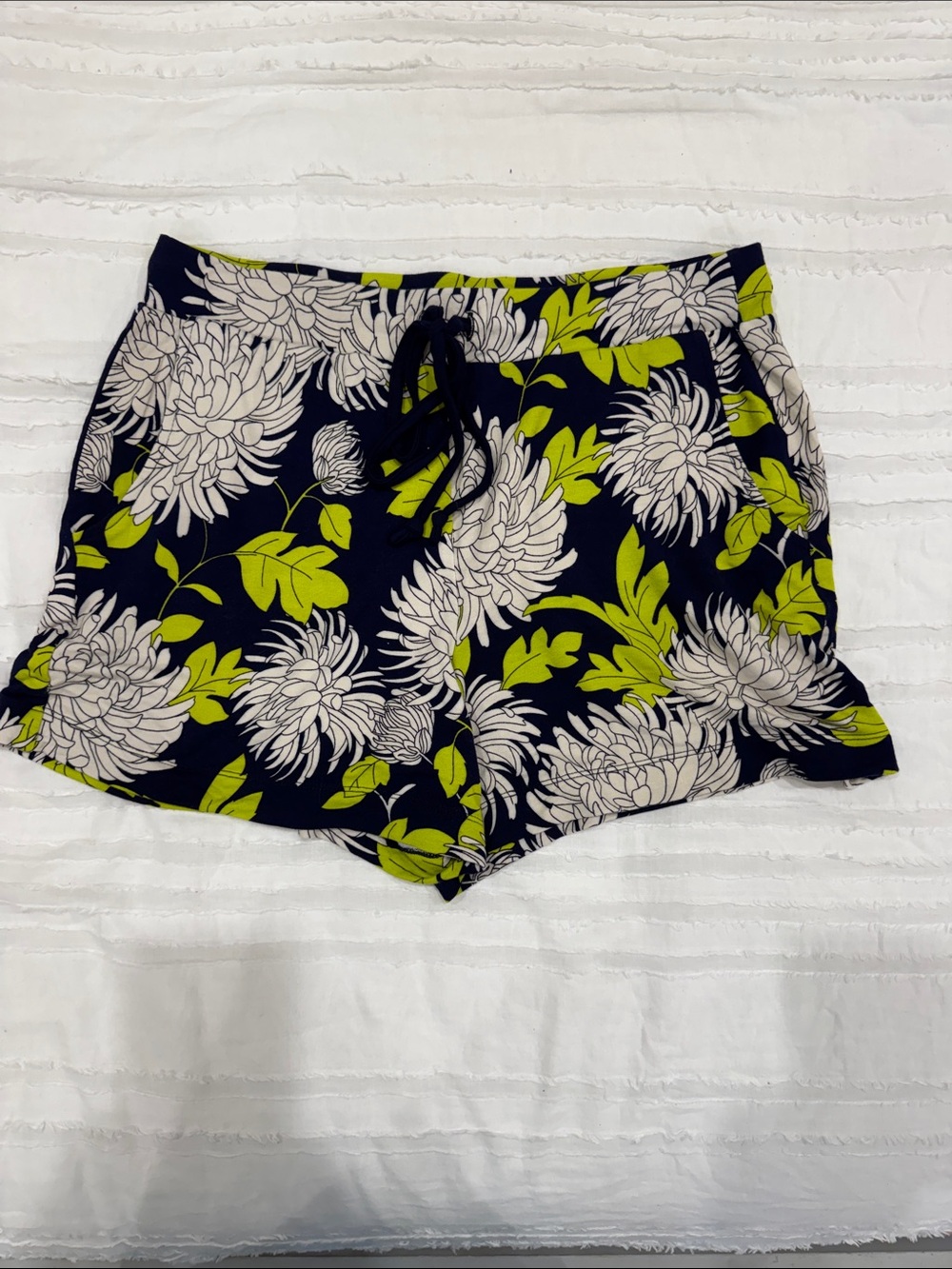 CAbi Navy Floral Drawstring Shorts with Lime & Cream